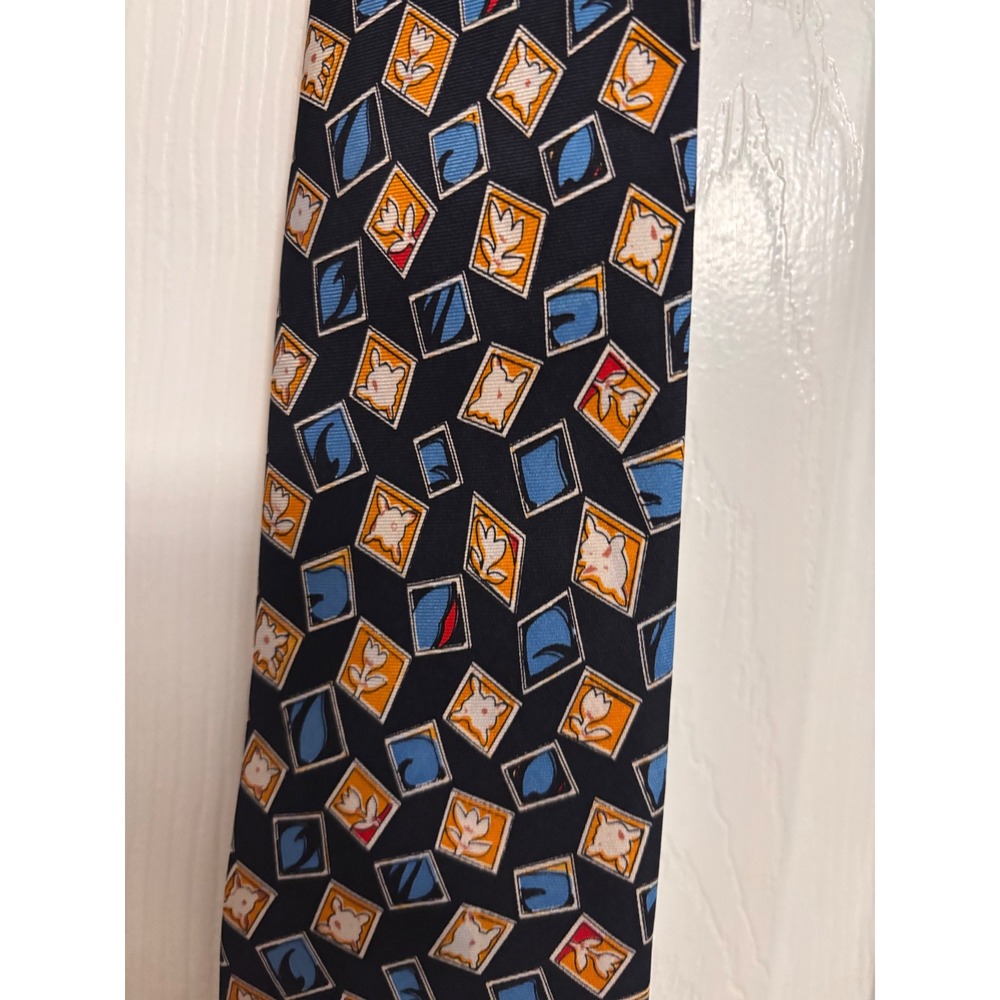 Adolfo Mens Silk Tie Navy Blue Orange Floral Geometric Hand Made in Italy New